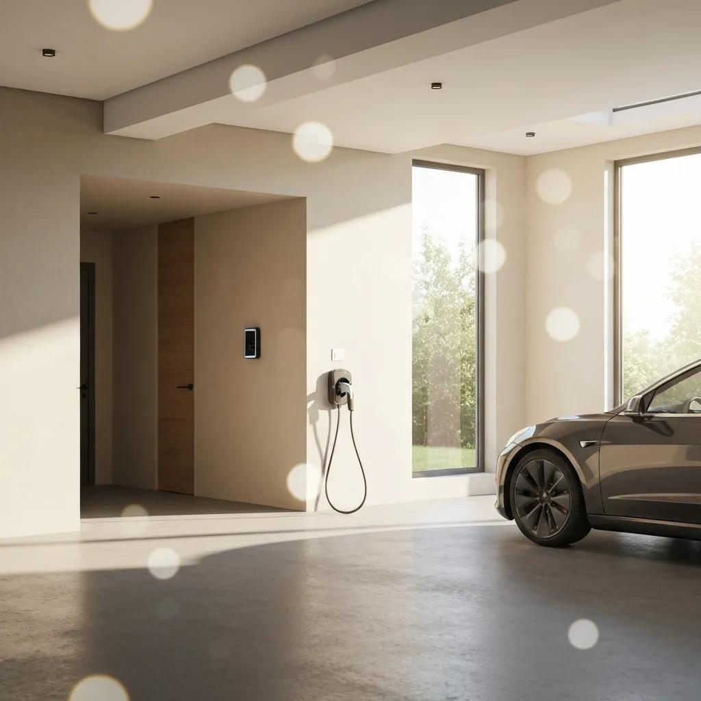 Modern home interior featuring an electric vehicle (EV) charger mounted on the wall, with a sleek grey car parked nearby, highlighting residential EV charging solutions.