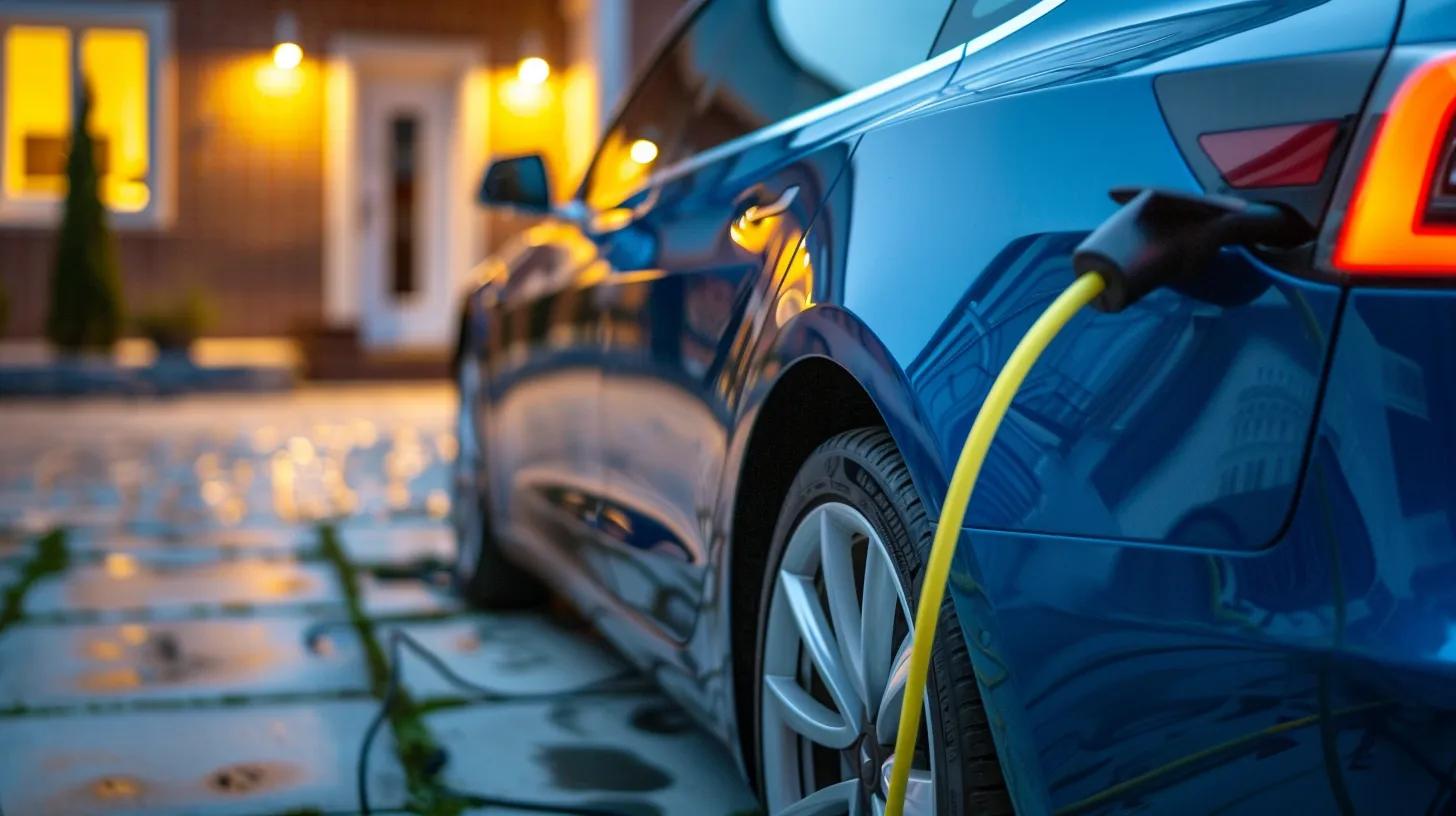 Electric vehicle charging at home, showcasing a blue car connected to a charging cable in a residential setting, with warm outdoor lighting.
