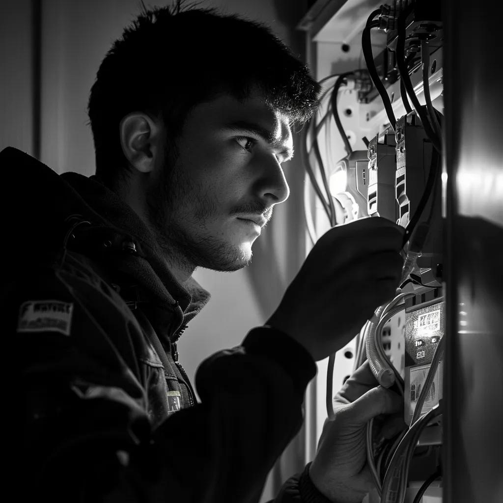Electrician working on electrical panel, focusing on wiring and installation of EV charging systems.