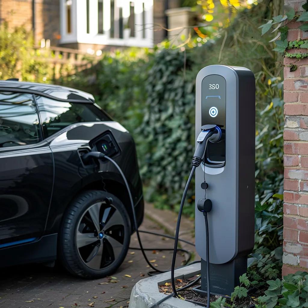 Electric vehicle charging point installed outside a home, connected to a black EV car, showcasing modern charging technology and residential setup.
