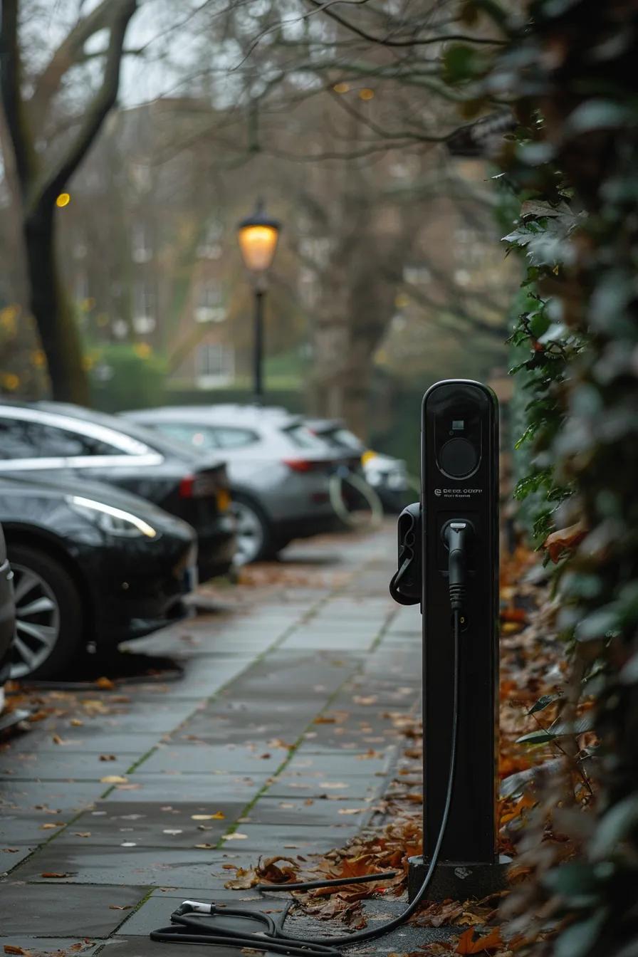 EV charging station on a residential street with parked electric vehicles and autumn leaves on the ground, highlighting sustainable home charging solutions.