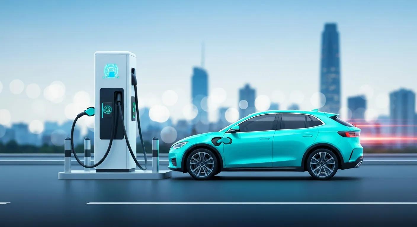 Electric vehicle charging station with a turquoise electric car, promoting sustainable home EV charging solutions for a greener future.