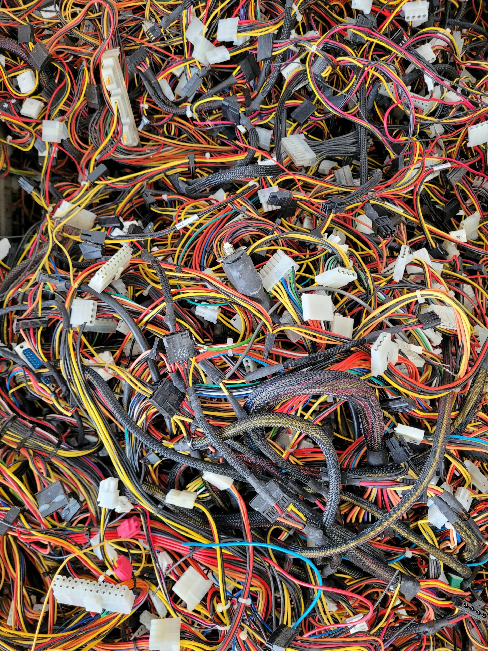 Dense arrangement of multicoloured electrical wiring and connectors, illustrating the complexity of home EV charging solutions and electrical systems.