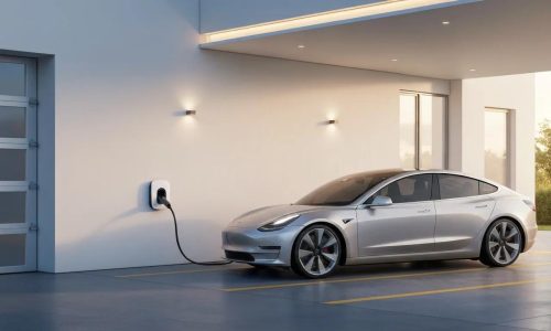 Domestic electric vehicle charger installed on a suburban driveway