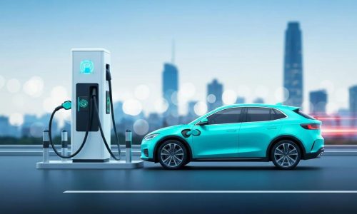 Electric vehicle charging station with a turquoise SUV, showcasing modern EV charging technology in an urban setting.