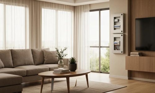 Modern living room featuring a comfortable sofa, coffee table, and large windows, with two electrical fuse boxes mounted on the wall, highlighting home electrical safety and upgrades.